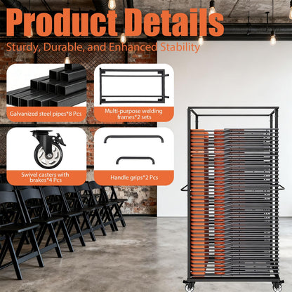 Folding Chair Rack, Folding Chair Cart with Wheels Heavy Duty, 500 LBS Capacity for 60 Chairs Chair and Table Cart w/Dust Cover and 2 Binding Ropes, 80”Lx42”Wx20”H