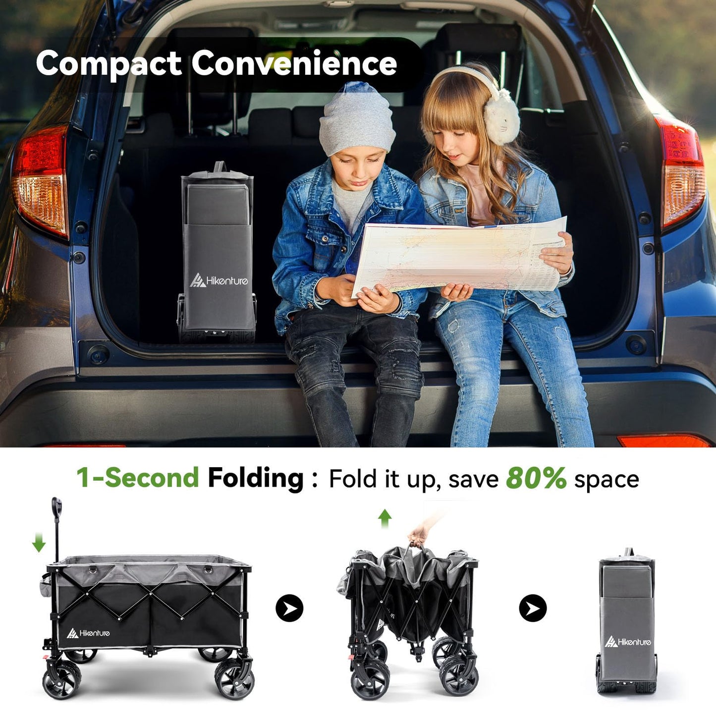 Hikenture Collapsible Wagon Cart and Cargo Net, 330lbs Capacity Beach Wagon with Big Wheels for Sand, Heavy Duty Foldable Wagon with Brakes, Portable Utility Folding Garden Cart