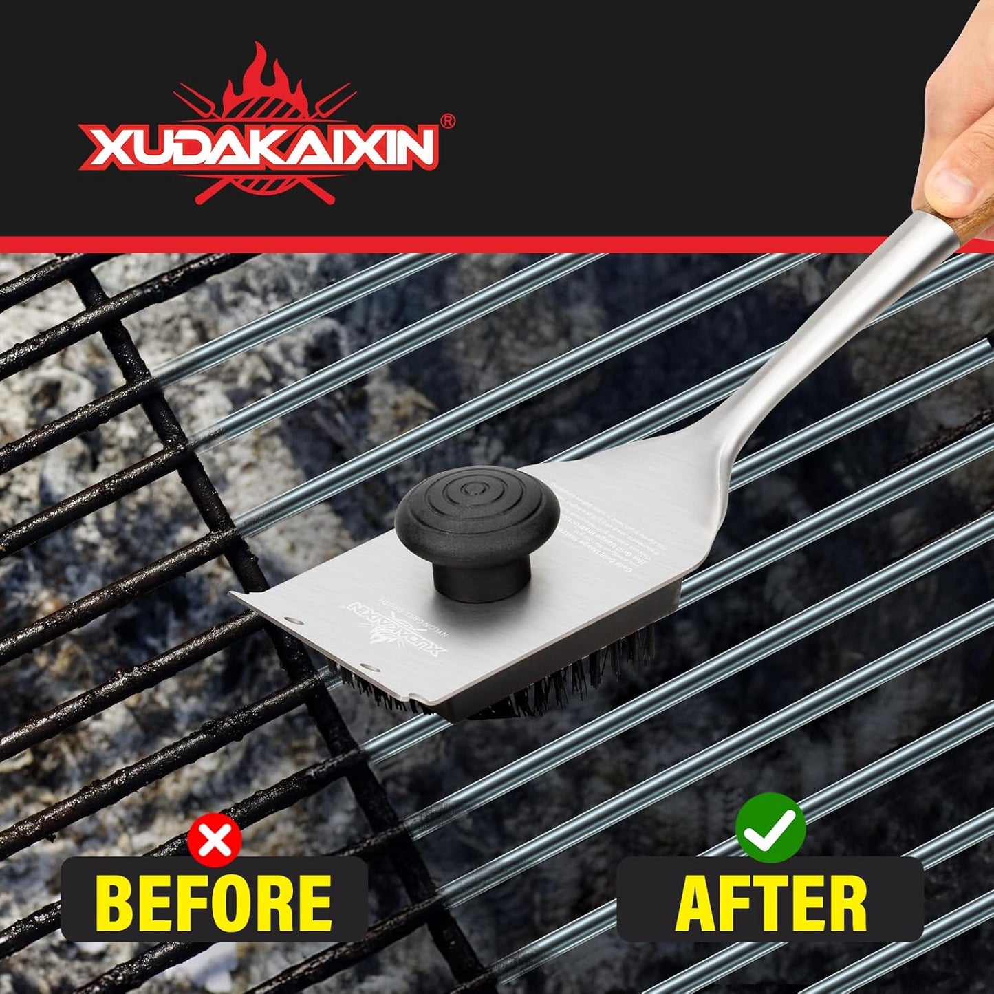 XUDAKAIXIN Nylon Grill Brush - Dual Grip Design with Luxurious Acacia Wood Handle | Safe for Cooled Grates (Black)