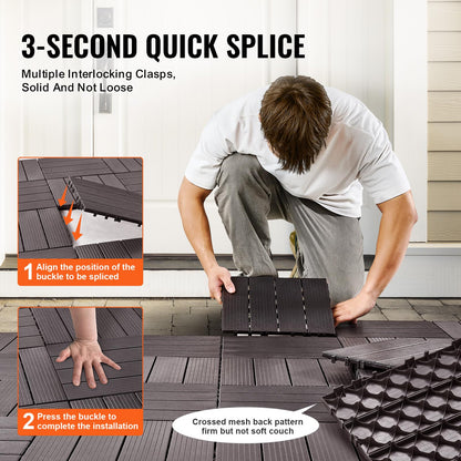 VEVOR 54 sq. ft Plastic Interlocking Deck Tiles, 54 Pack,12"x12" Waterproof Non-Slip Outdoor Flooring All Weather Use, Patio Floor Decking Tiles for Porch Poolside Balcony Backyard, Dark Brown