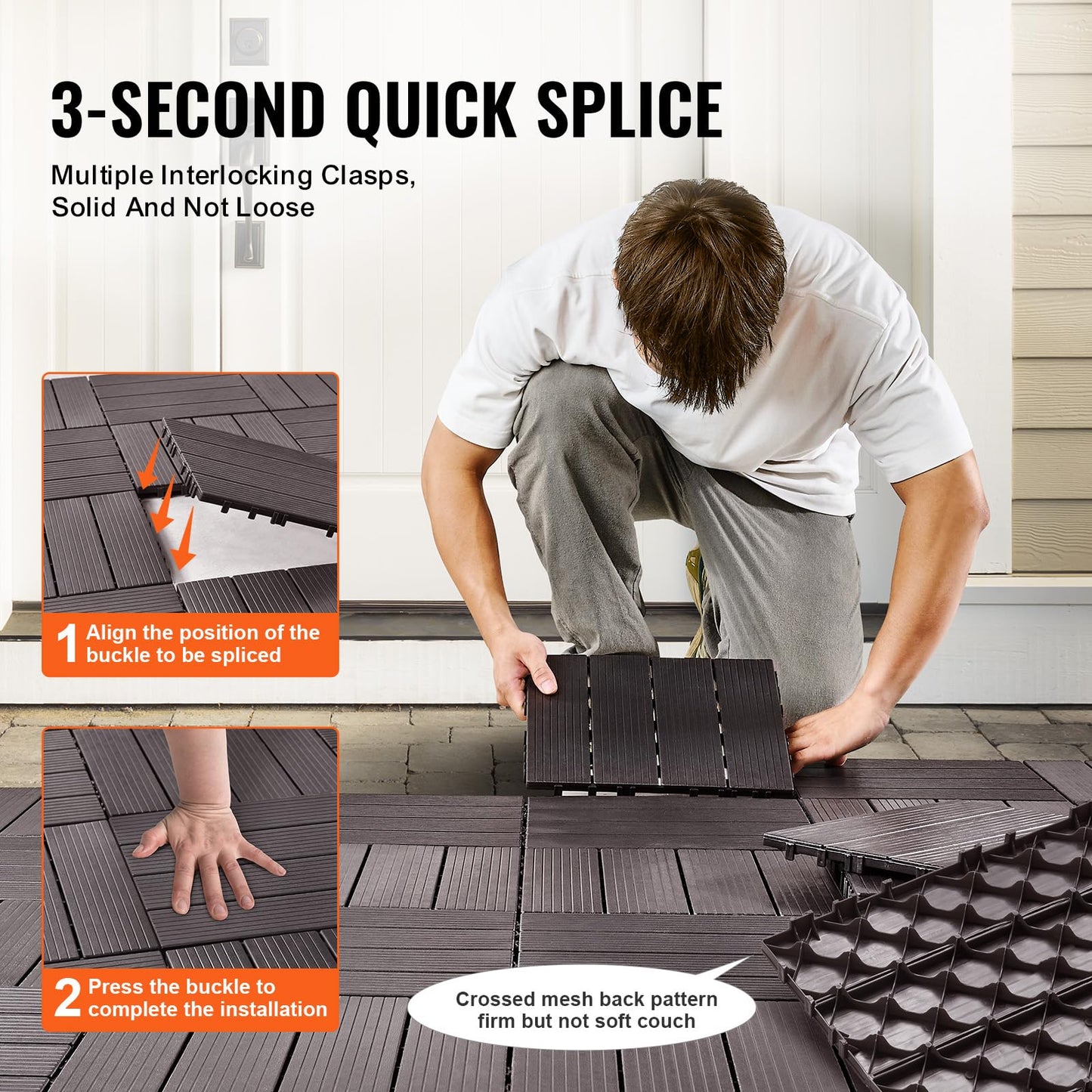 VEVOR 54 sq. ft Plastic Interlocking Deck Tiles, 54 Pack,12"x12" Waterproof Non-Slip Outdoor Flooring All Weather Use, Patio Floor Decking Tiles for Porch Poolside Balcony Backyard, Dark Brown