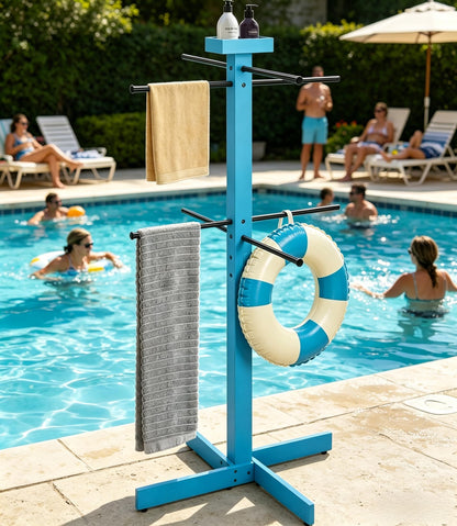 Pool Towel Rack Outdoor, 53in Wood Pool Towel Holder Stand with 4 Adjustable Bars, Outdoor Towel Rack for Pool Area Outside, Waterproof Freestanding Towel Drying Rack for Poolside, Hot Tub, Spa,Beach