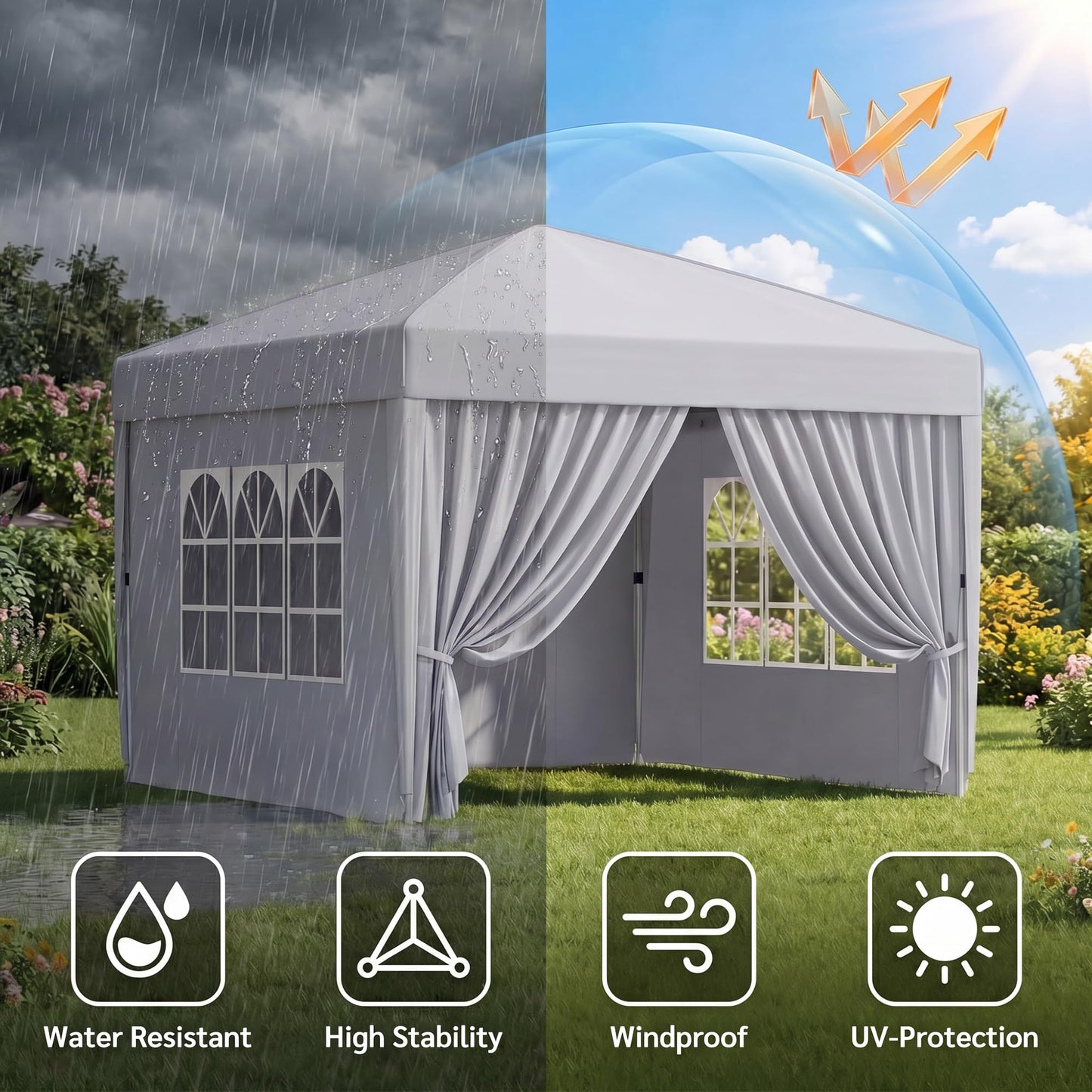 KIGOTY 10x10 FT Portable Pop Up Canopy Tent, Adjustable Height Instant Gazebo with Sidewalls, One-Push Setup Outdoor Canopy for Camping, Parties, Vendor Events (White, 3m × 3m)