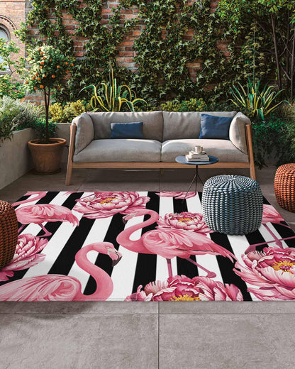Outdoor Rug 4x6 ft Pink Floral Flamingos Outdoor Large Area Rug Non Slip Rubber Black Stripes Front Door Mat RV Rug Camping Carpet Patio Outdoor Rugs for Backyard Balcony Deck Porch Indoor Outside