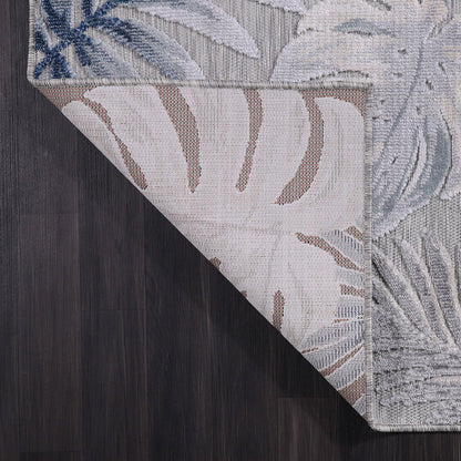 CAMILSON Indoor Outdoor Rug, Blue 7’10”x10’ Leaf Tropical Botanical Area Rugs for Indoor and Outdoor patios, Easy-Cleaning Non-Shedding Living Room, Garden and Kitchen Washable Outside Carpet (8x10)