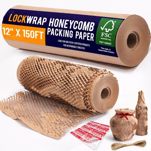 Honeycomb Packing Paper - 12" x 150ft with Rope & 20 Fragile Stickers | Eco-Friendly Shipping Supplies