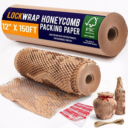 Honeycomb Packing Paper - 12" x 150ft with Rope & 20 Fragile Stickers | Eco-Friendly Shipping Supplies
