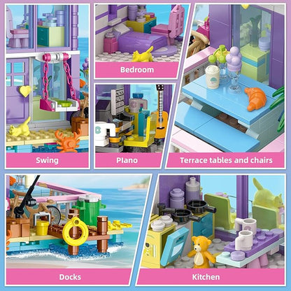 3 in 1 Pink Girls Beach House Building Set with Light Seaside Villa Friends Building Toys Compatible with Lego Friends Construction Educational Toy for Adults &amp 14+ (961 PCS)