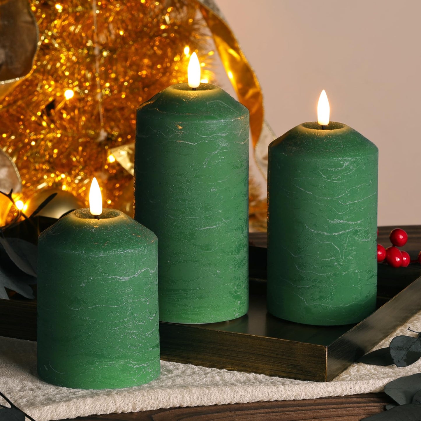 Girimax Green Christmas Flameless Pillar Candles with Remote, LED Wax Candles Battery Powered Flickering Set of 3