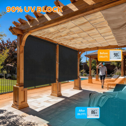 Solace Shade Outdoor Roller Shades for Patio 8'Wx8'H Black, 90% UV Block & Privacy Protection Outdoor Blinds, Cordless Porch Shades Outdoor Roll Up with Splicing Design 15-Min Install