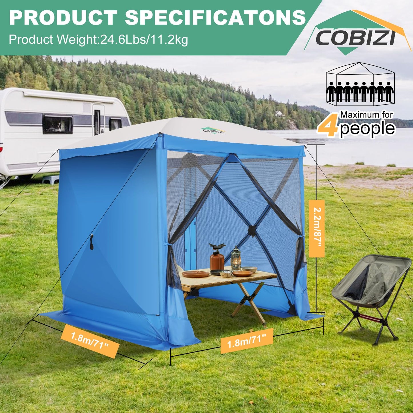 COBIZI 6x6 FT Pop up Gazebo Tent, Screen Tent with Sidewalls, Waterproof Portable Outdoor Small Screen Tents Sun Shelter, Carpas para Patio for Outdoor Camping, Backyard and Garden, Blue