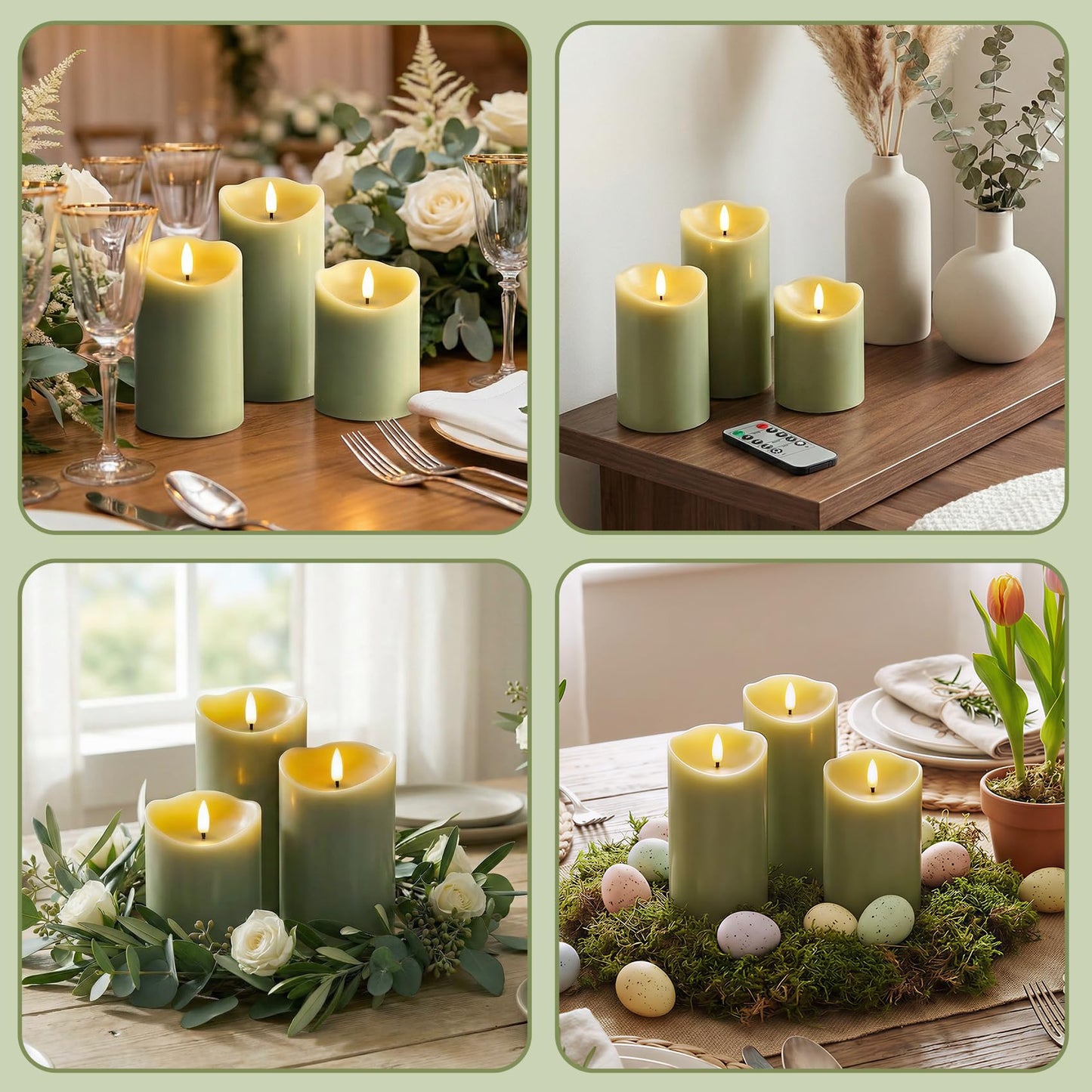 Eywamage Sage Green Flameless Pillar Candles with Remote, Flickering LED Wax Candles Battery Operated Spring Home Decor Set of 3