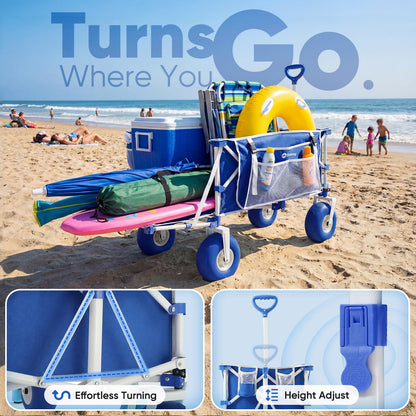 Sekey Heavy Duty Beach Wagon with 9" Big Sand-Proof Wheels, 300L Oversized Foldable Beach Cart with Cooler| Adjustable Handle & Balloon Tires for Sand, Camping,Vacation