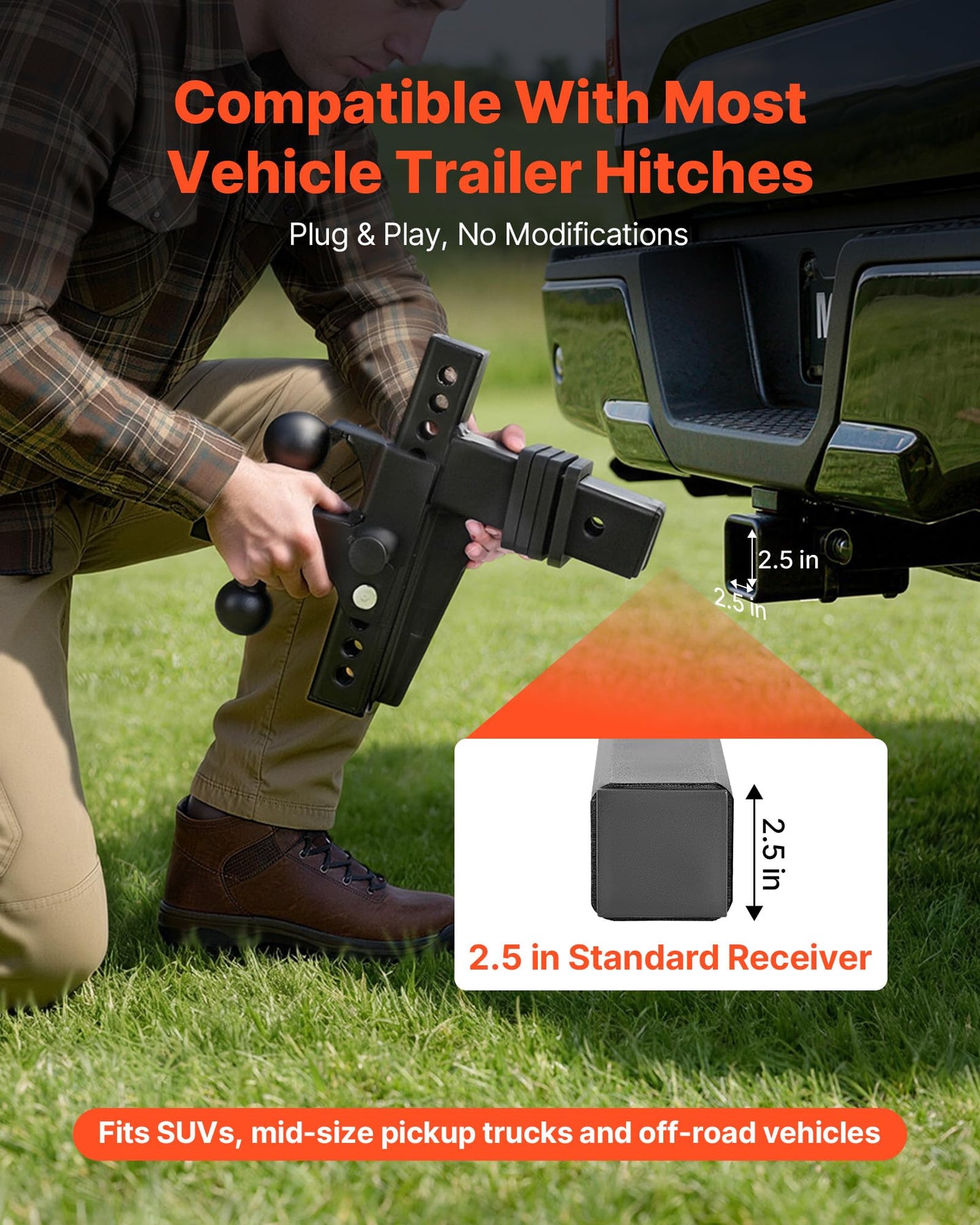 VEVOR Adjustable Trailer Hitch, Fit 2.5 Inch Receiver, Trailer Hitch Mount with 2 Inch & 2-5/16 Inch Balls, 21000 lbs GTW, 9 Inch Drop, Towing Ball Mounts for RVs, Off-Road Vehicles and Trucks, Black