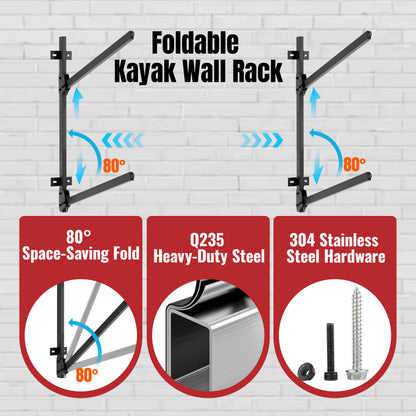 AlloyLake Folding Kayak Wall Rack, 240 lbs Heavy Duty Garage Storage Hanger, 2-Tier Adjustable Mount with 304 Stainless Steel Hardware, Fits Canoe, SUP & Surfboard - Black