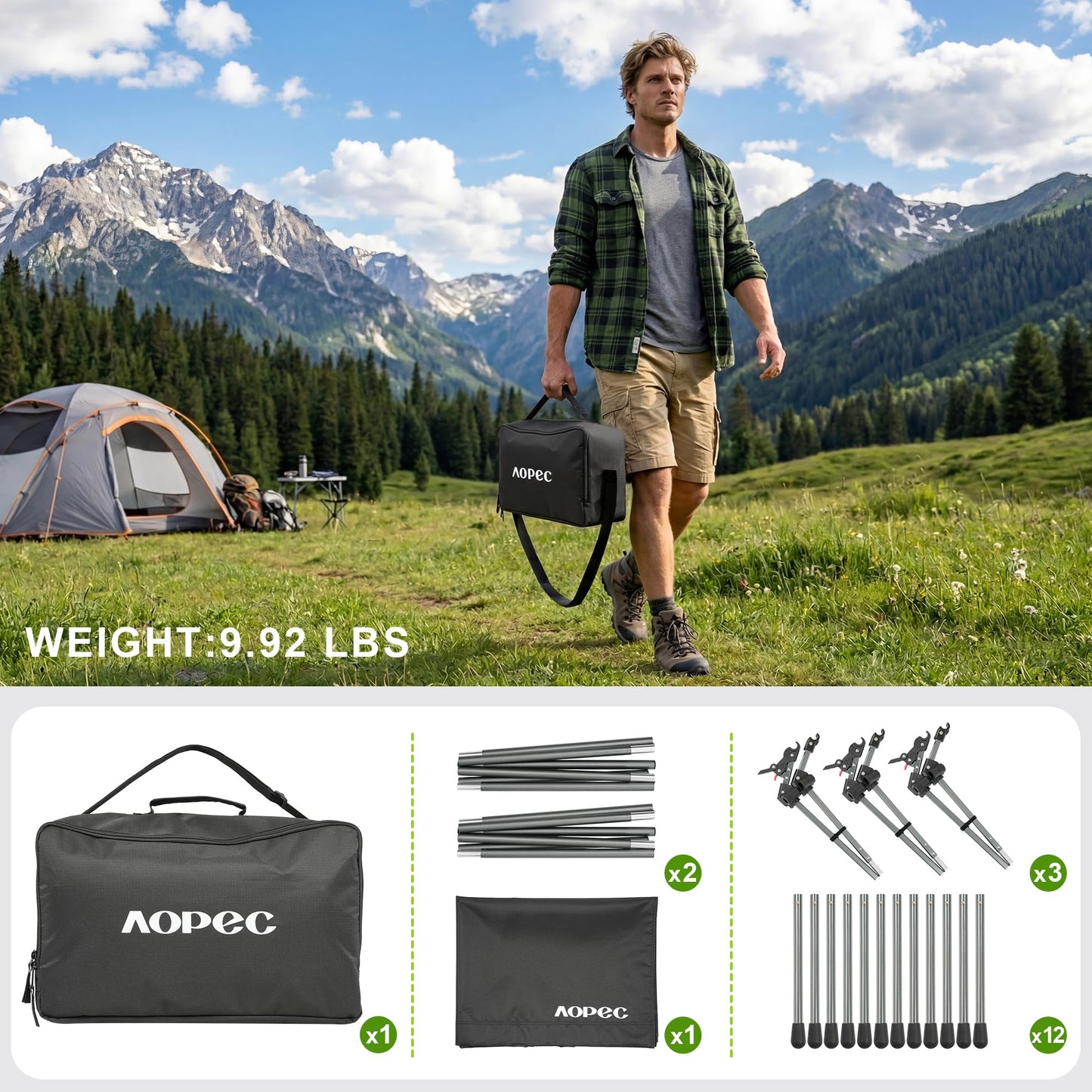 AOPEC 75" Camping Cot, Heavy Duty 350lbs Capacity, Adjustable Height with Leg Extenders, Lightweight Aluminum Frame Portable Folding Bed for Camping,Travel, Beach, Office Nap