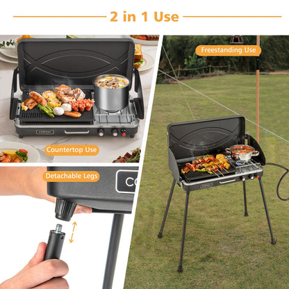 Moccha 2-Burner Propane Camping Stove - Portable Camp Grill w/Dual Control Knobs, Detachable Legs, 3-Sided Wind Screen, 20,000 Total BTUs, Outdoor Grill Stove for Tailgating BBQ Picnic (Black)