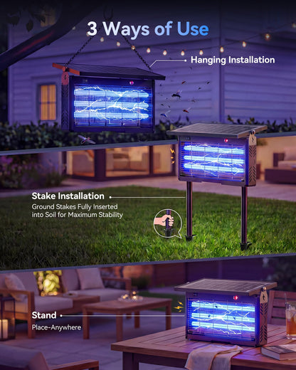 𝟐𝟎𝟐𝟔 𝐔𝐩𝐠𝐫𝐚𝐝𝐞𝐝 Solar Bug Zapper Outdoor, Mosquito Zapper Waterproof Electric Fly Zapper Rechargeable Mosquito Killer, Cordless Fly Insect Trap for Yard, Patio, Home, Garden, Camping