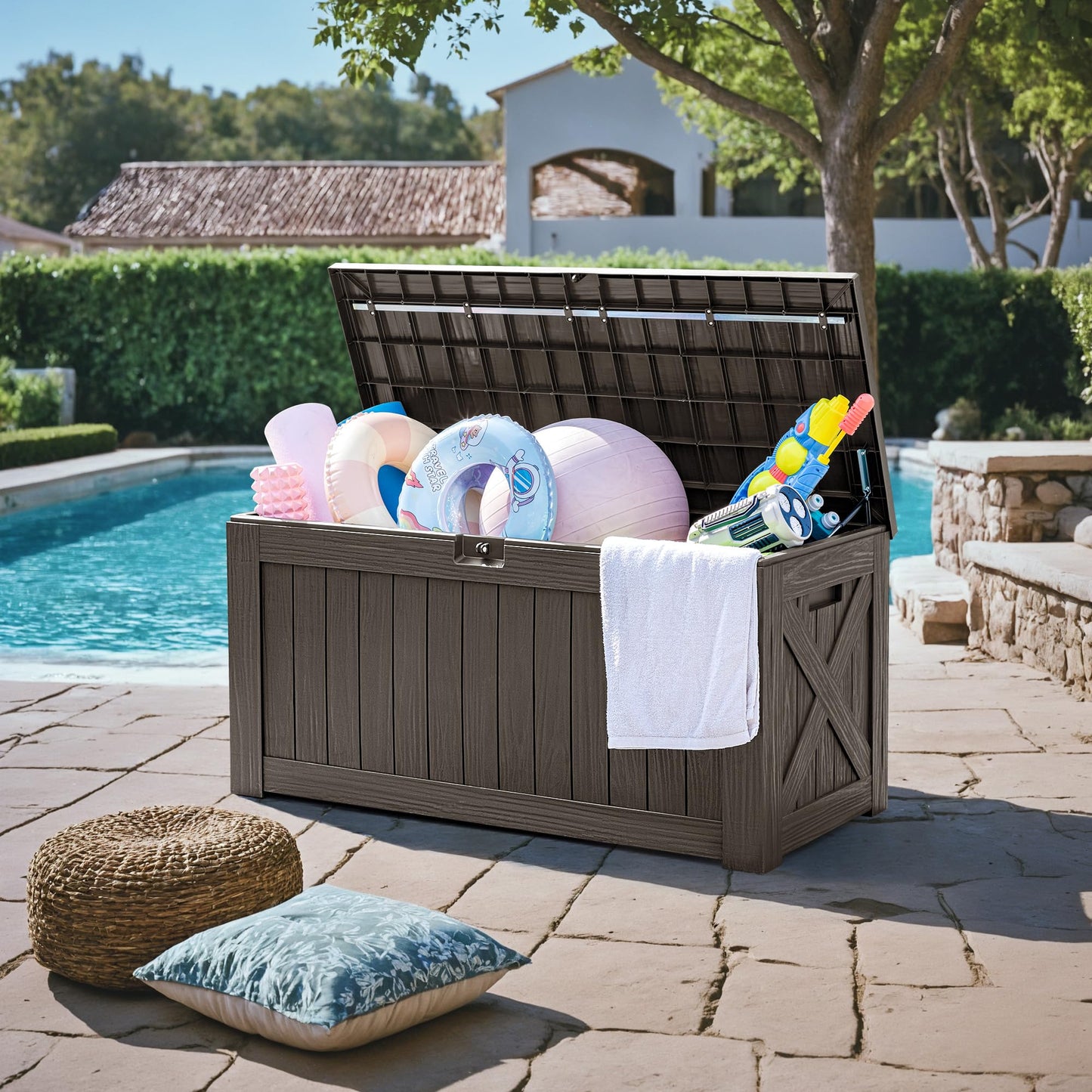 Greesum 120 Gallon Deck Box, Resin Outdoor Storage Container for Patio Furniture, Garden Tools, Pool Accessories, Weatherproof, Lockable, Brown
