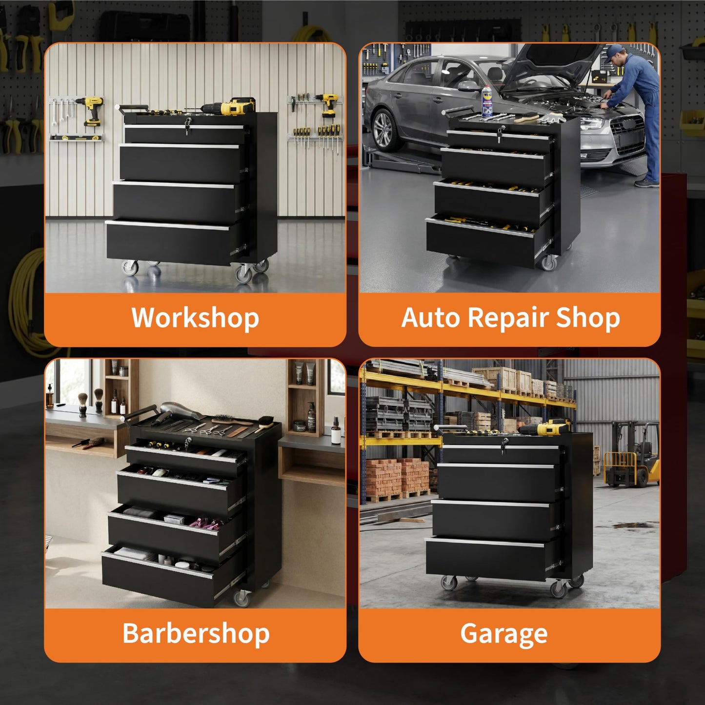 Rolling Tool Box with Wheels – 4 Drawer Heavy Duty Tool Chest Cabinet, Lockable Portable Storage Organizer with Drawer Liners, Mobile Mechanic Toolbox for Garage, Workshop, Shop, Easy Assembly, Black