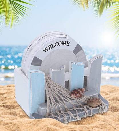 CoTa Global Moonlight Nautical Drink Coaster Set of 6 - Rustic Drink Coasters with Holder, Beach Decor for Home Table Top