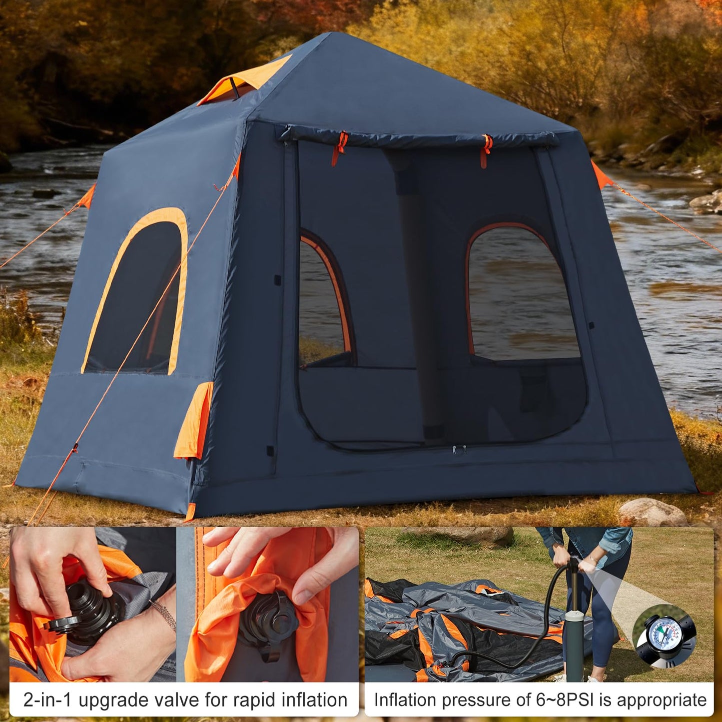 Inflatable Camping Tent,2-4 Persons Easy Setup Blow Up Tents for 4 Seasons Waterproof Inflatable Tent for Camping,Air Tent with Mesh Windows/Doors