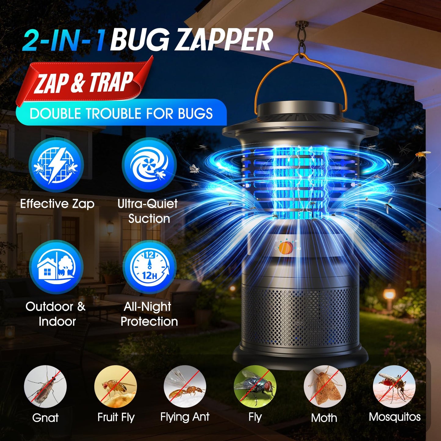 Bug Zapper Outdoor, 2-in-1 Mosquito Zapper with Attraction Light & Airflow Trap, 12H Long-Lasting Rechargeable Cordless Fly Zapper, Auto ON/Off, IPX5 Waterproof or Patio, Camping, Garage