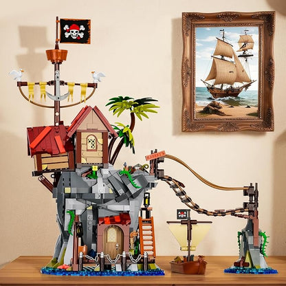 Pirate Cabin Building Sets for AdultsPirate's House with Bridge and Ship in IslandMedieval Castle Skull Building Block Toy for Home DecorIdeal Gift for Men Teens Kids Boys 8+(1044PCS)