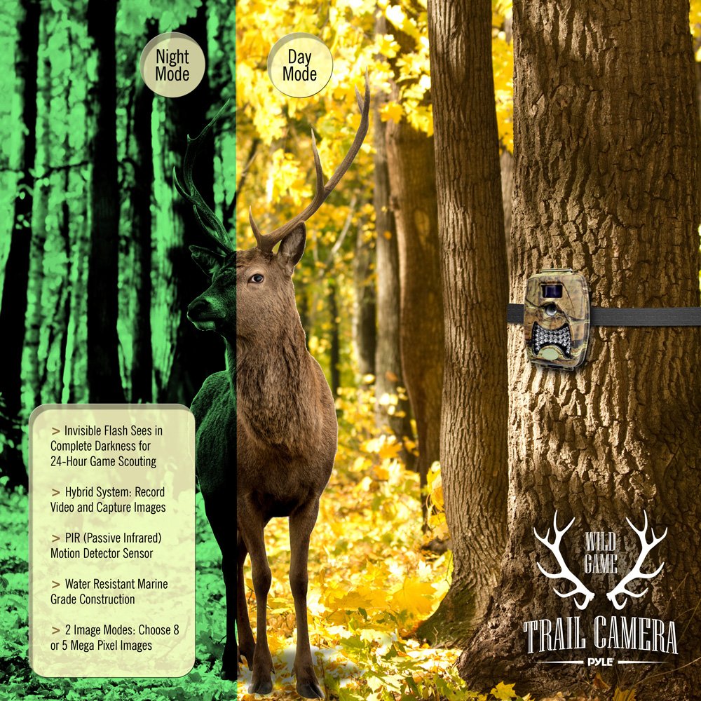 Pyle PHTCM38 Water Resistant Wild Game Trail Scouting Camera with Infrared Night Vision, Record Video, Snap Images and Invisible Flash