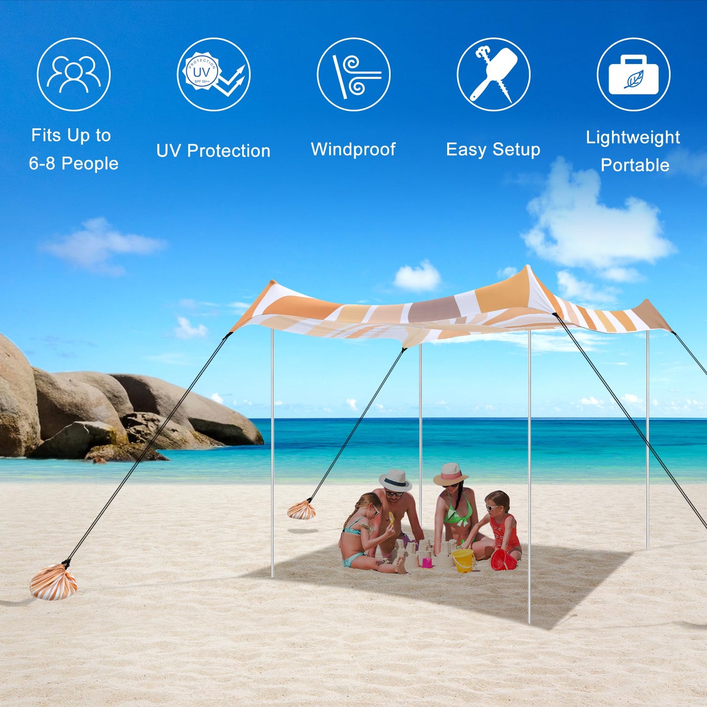 Beach Tent, UPF 50+ Beach Canopy Sun Shade, Portable 10×10 FT Large Pop-Up Beach Tent Sun Shelter with Sand Anchors, Ground Pegs, Easy Setup for Beach, Camping, Park, and Backyard Fun - Sunflower