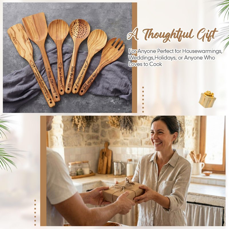 Qinyoung 6 Pack Olive Wood Cooking Utensils Olive Wood Kitchen Utensils Mixing Spatula Spoon Fork Set with Gift Box for Cooking Baking Meal, Birthday Anniversary Mother's Day Housewarming Gifts