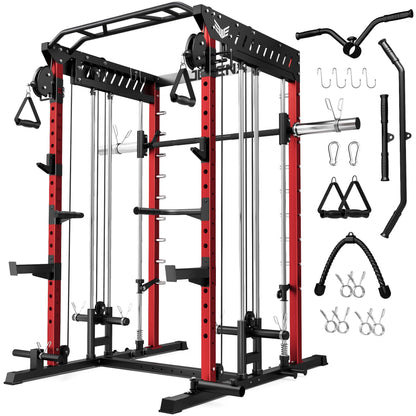JELENS M21 Smith Machine, Multi-Function Power Cage with Dual Pulley Cable Crossover System, 2000LBS All-in-One Squat Rack with Smith Bar and Attachments (Red, M21 Smith Machine)