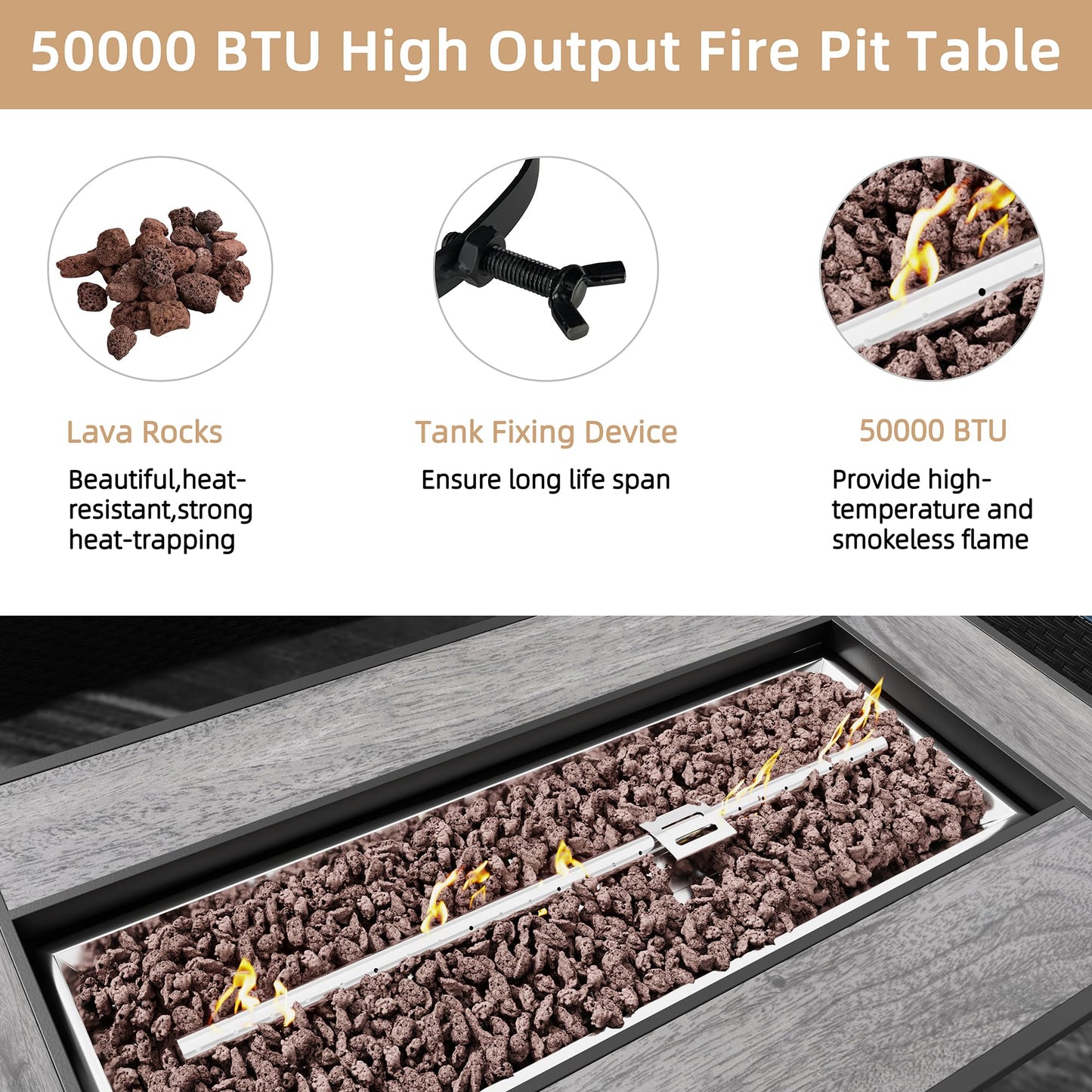 45 Inch Propane Fire Pit Table, 50,000 BTU Outdoor Gas Fire Pit for Patio & Backyard, Rectangular Firepit Table with Lava Rocks, 2-in-1 Convertible Outdoor Table