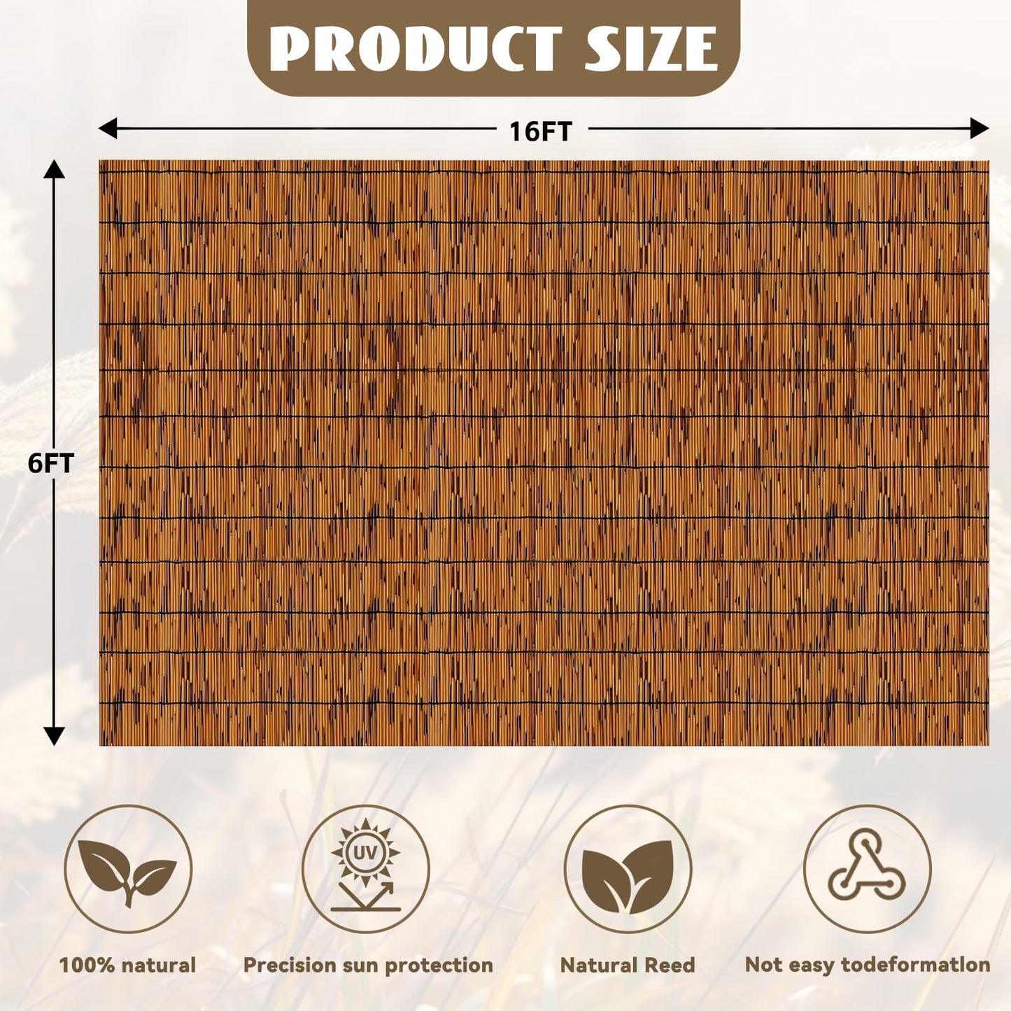KOIUEYW Bamboo Reed Fencing, Light Russet Bamboo Fence Rolls 6 Feet High, Decorative Privacy Screen Reed Curtains for Patio Balcony Garden Backyard Outdoor, 6 x 16 FT