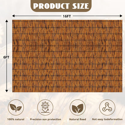 KOIUEYW Bamboo Reed Fencing, Light Russet Bamboo Fence Rolls 6 Feet High, Decorative Privacy Screen Reed Curtains for Patio Balcony Garden Backyard Outdoor, 6 x 16 FT