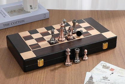 15-Inch Large Metal Chess Set for Adults and Kids with Metal Chess Pieces – Foldable Wooden Board with Storage Portable Classic Game Set for Travel &amp Home Elegant Gift for Chess Enthusiasts
