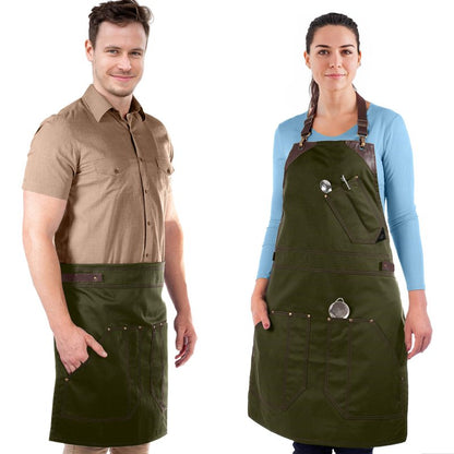 Under NY Sky Barista Apron - Brown Leather Straps and Reinforcement - Riveted Pockets - Double Stiched - Leather Ring Loop - Professional Green Twill - Double as Half Bistro Apron - Chefs, Bartender