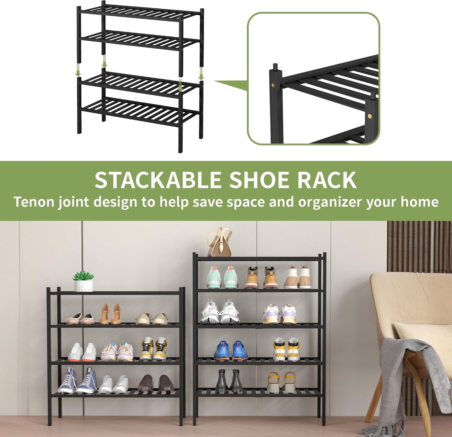 ROMGUAR CRAFT 4-Tier Bamboo Shoe Rack - Free Standing Wood Shelf for Small Spaces | 27"x11"x26" (Black)