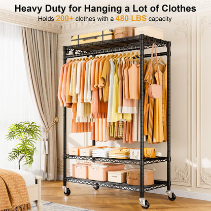 ULIFHOME P7 Rolling Clothes Rack, Clothing Racks for Hanging Clothes, Heavy Duty Garment Rack with Wheels, 3 Tiers Freestanding Portable Closet Rack 45''W × 20.5''D × 80.5''H, Max Load 480 lbs, Black