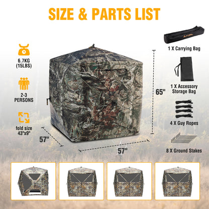 FLISSA Hunting Blind See-Through with Full-Opening Door, 2-3 Person Ground Camouflage Tent, 270 Degree, Portable and Durable 300D Reinforced Blind for Turkey, Deer, and Bear