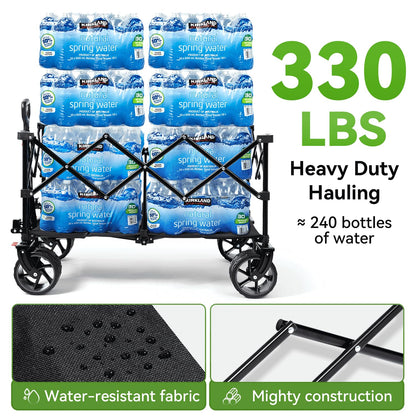 Hikenture Collapsible Wagon Cart and Cargo Net, 330lbs Capacity Beach Wagon with Big Wheels for Sand, Heavy Duty Foldable Wagon with Brakes, Portable Utility Folding Garden Cart