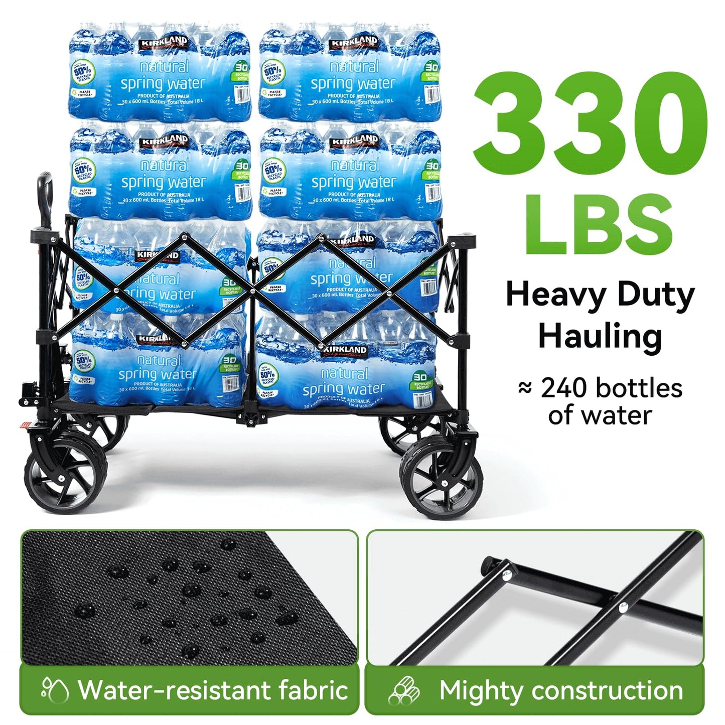 Hikenture Collapsible Wagon Cart, 330lbs Capacity Beach Wagons with Big Wheels for Sand, Heavy Duty Foldable Cart with Brakes, Portable Utility Folding Garden Cart for Outdoor