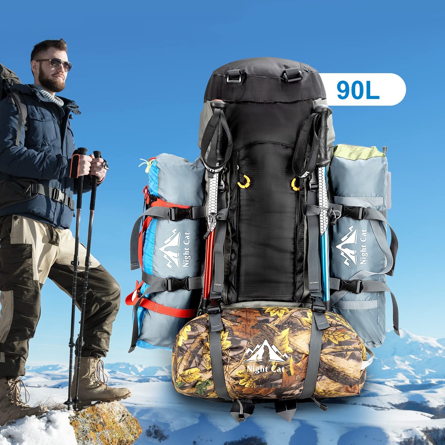 Night Cat Camping Backpacks 90L with Self-Inflatable Camping Pillow for Men Women Waterproof Lightweight Breathable Outdoor Mountaineering Traveling