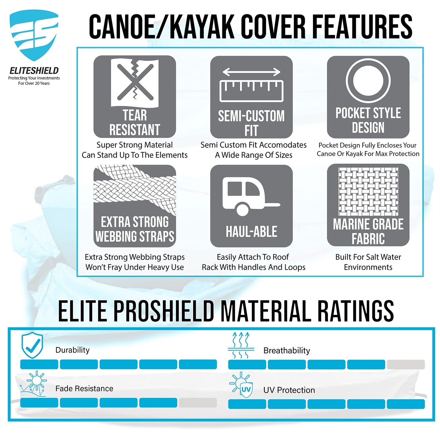 EliteShield Full Canoe Kayak Cover; Waterproof UV Resistant 600D Marine Grade Polyester Canoe Kayak Boat Storage Cover fits 17 ft-18 ft Long, 120 Inches Girth Gray Color