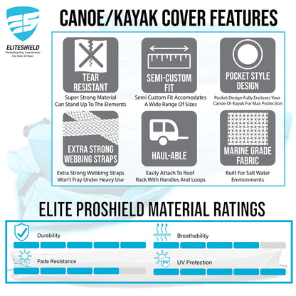 EliteShield Full Canoe Kayak Cover; Waterproof UV Resistant 600D Marine Grade Polyester Canoe Kayak Boat Storage Cover fits 17 ft-18 ft Long, 120 Inches Girth Gray Color