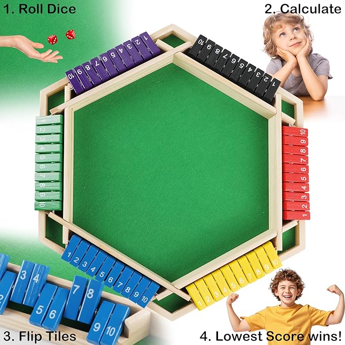 Shut The Box Game Wooden 1-6 Players Dice Board Game for Adults and Kids 10 Numbers Math Games - Educational and Entertaining Classic Table Flip Blocks for Family Game Night