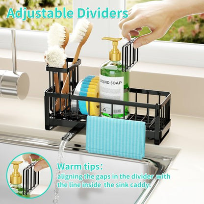 HapiRm Sponge Holder for Kitchen Sink - Self-draining Sink Caddy with Brush and Dishcloth Holders, Stainless Steel Kitchen Countertop Organizers and Storage Essentials - Black