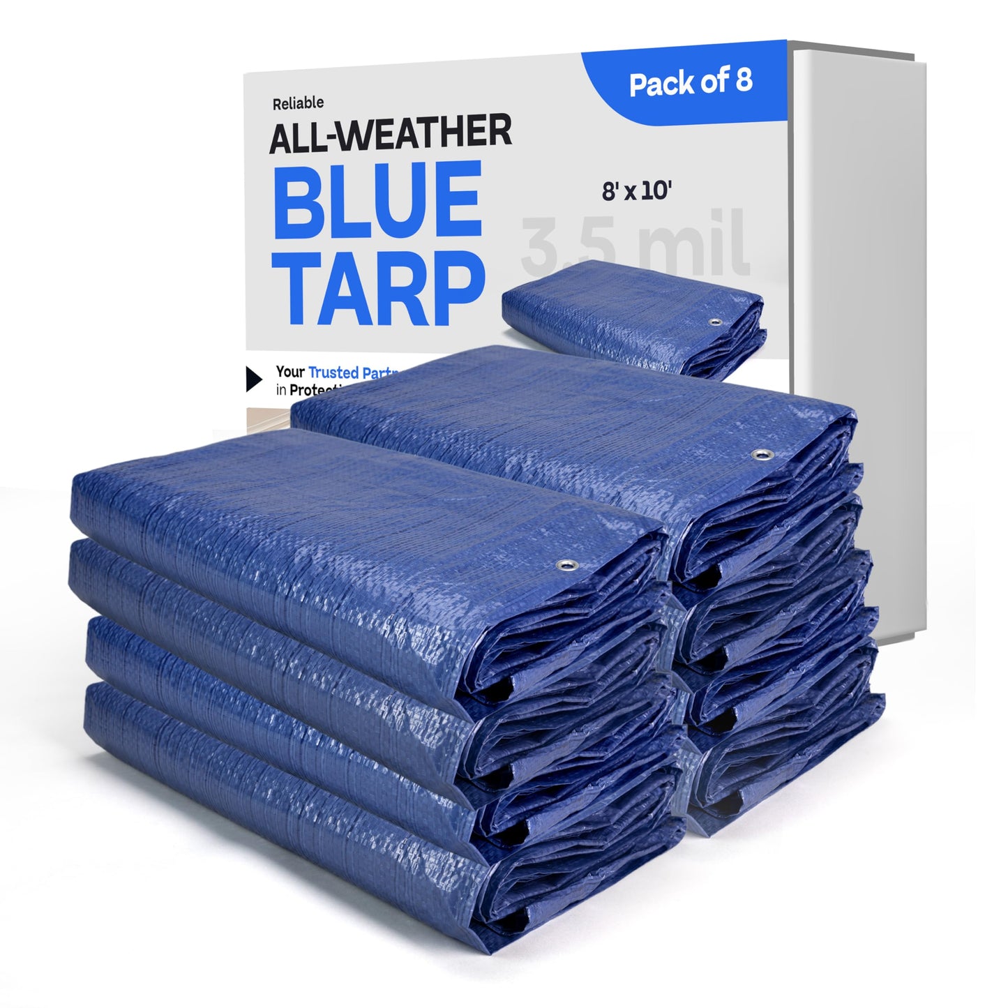 Blue Tarps Waterproof 8'x10', Pack of 8 - USA-Made 3.5 mil Thick Camping Tarp for Car, Boat & Storage Cover - Heavy-Duty Poly Tarpaulin with Grommets for Indoor and Outdoor Protection by IDL Packaging