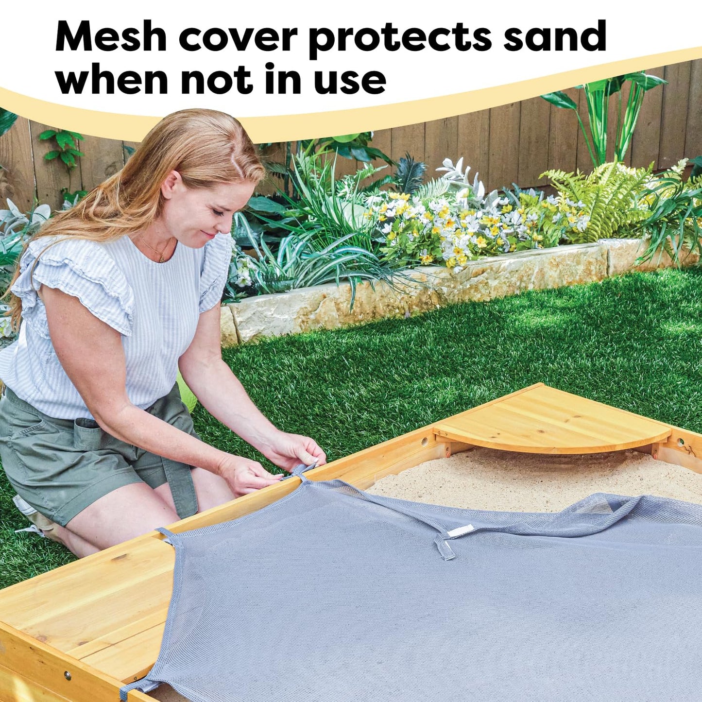 KidKraft Wooden Backyard Sandbox with Built-in Corner Seating and Mesh Cover, Kid's Outdoor Furniture, Honey, Gift for Ages 2-8