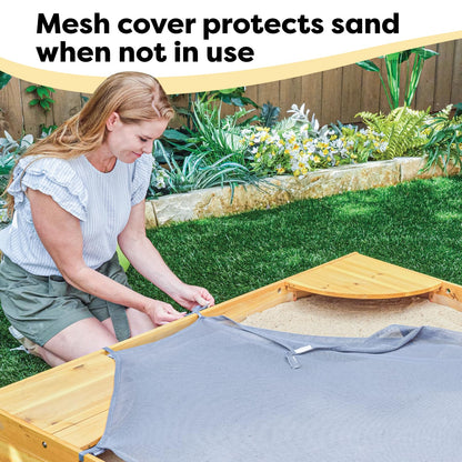 KidKraft Wooden Backyard Sandbox with Built-in Corner Seating and Mesh Cover, Kid's Outdoor Furniture, Honey, Gift for Ages 2-8